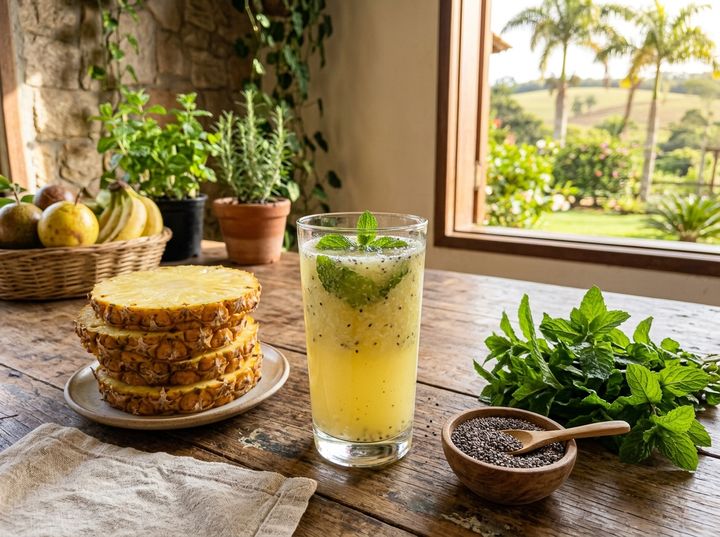 Suco Seca-Barriga de Abacaxi com Hortelã e Chia