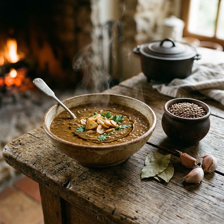 Sopa Creme de Lentilha com Alho Dourado